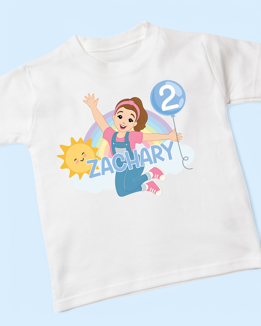 Ms Rachel Blue Rainbow Birthday Personalised Cotton T-Shirt