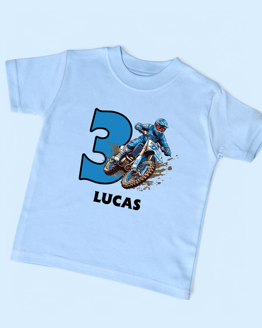Blue Motocross Name Age Birthday Personalised Cotton T-Shirt