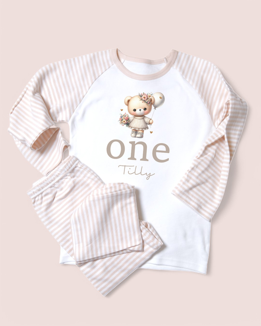 Cutesy Bear Age Birthday Personalised Natural Stripe Pyjamas