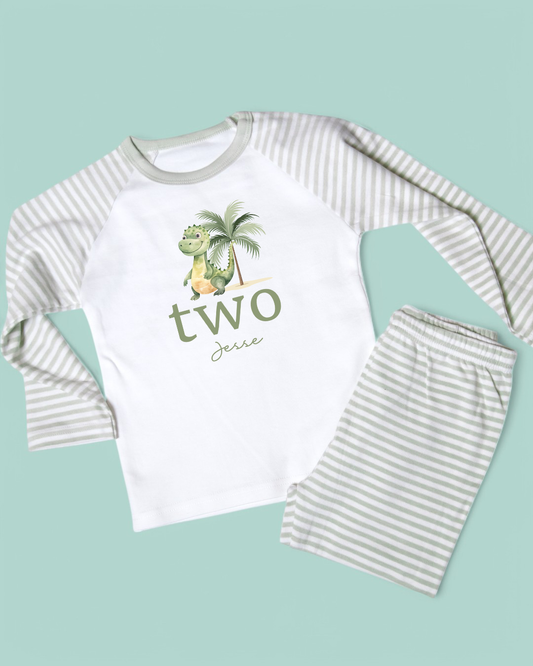 Dino Tree Age Birthday Personalised Sage Stripe Pyjamas