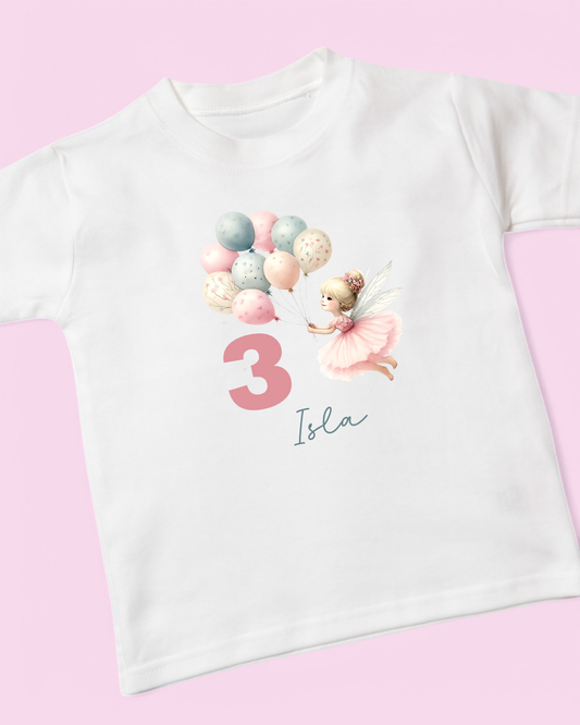Fairy Balloon Age Birthday Personalised Cotton T-Shirt