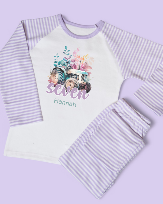 Floral Tractor Age Personalised Purple Stripe Pyjamas