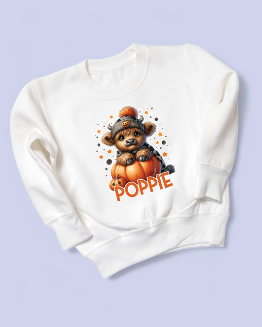 Highland Cow Personalised Halloween Autumn Jumper Kids Pastel Sweatshirt