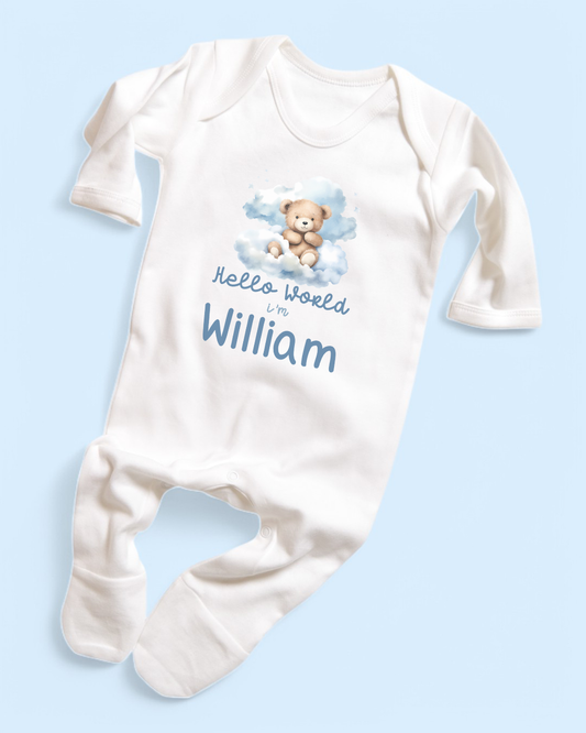 Hello World Teddy Clouds Personalised Rompersuit