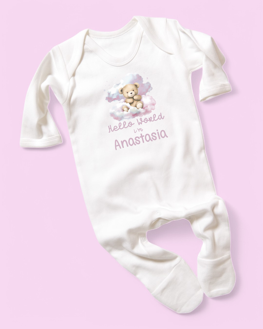 Hello World Teddy Pink Clouds Personalised Rompersuit