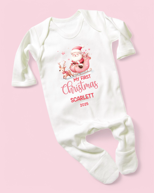 My First Christmas Pink Sleigh Personalised Christmas Rompersuit