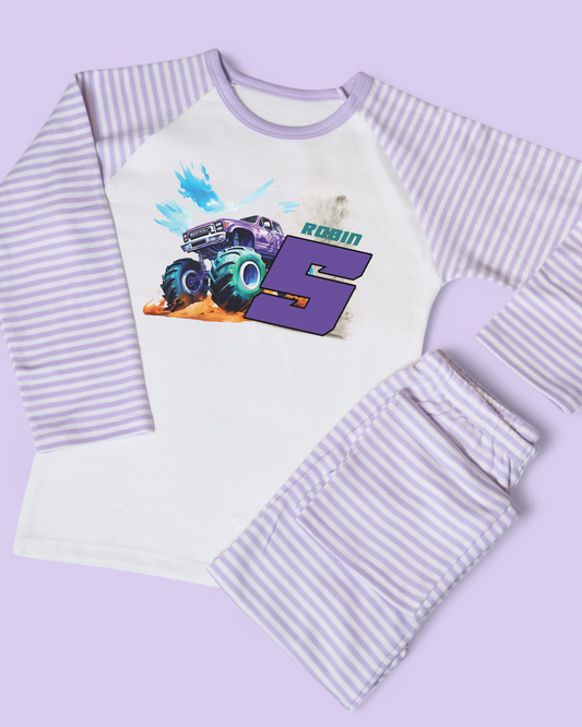 Purple Monster Truck Birthday Age Personalised Purple Stripe Pyjamas
