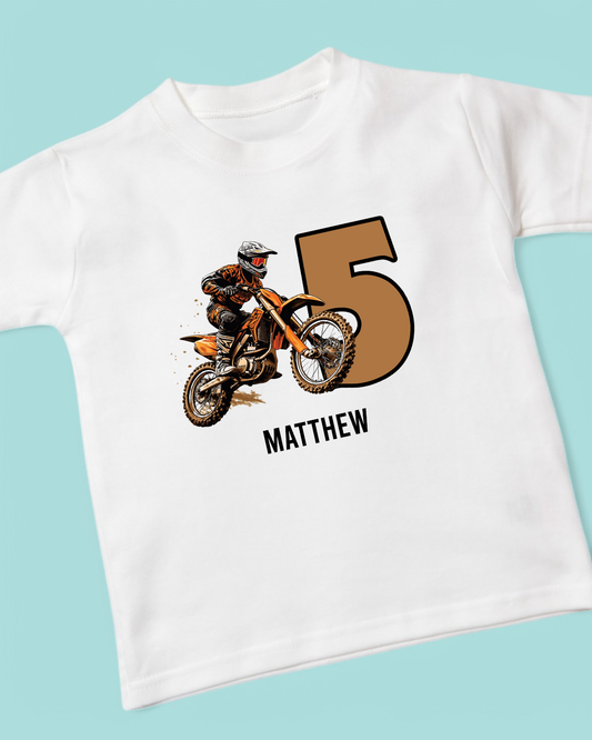 Orange Motocross Name Age Birthday Personalised Cotton T-Shirt