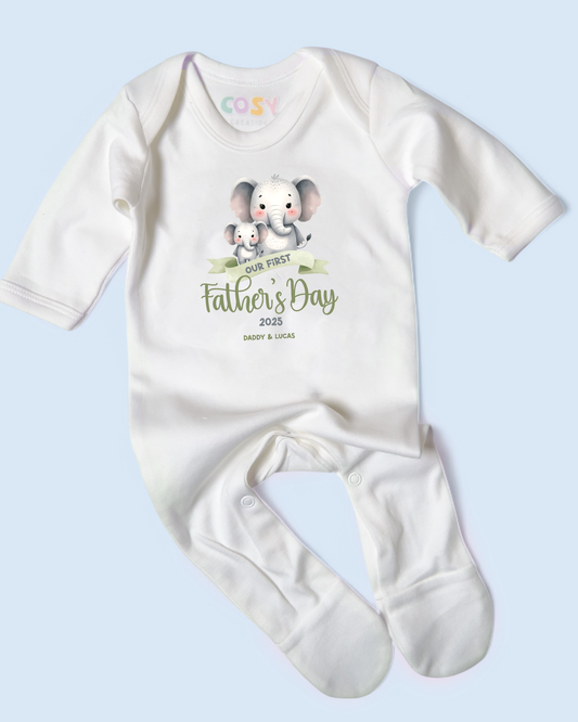 Our First Father's Day Elephants Green Personalised Rompersuit