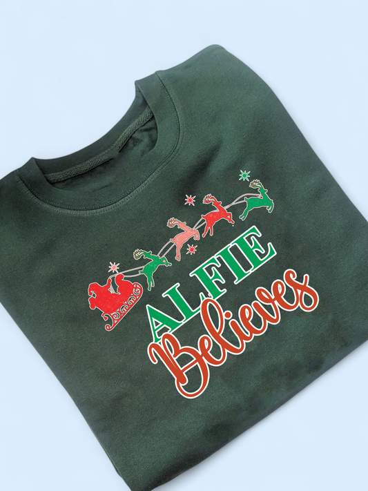 Santa Sleigh Believes Personalised Kids Christmas Sweatshirt