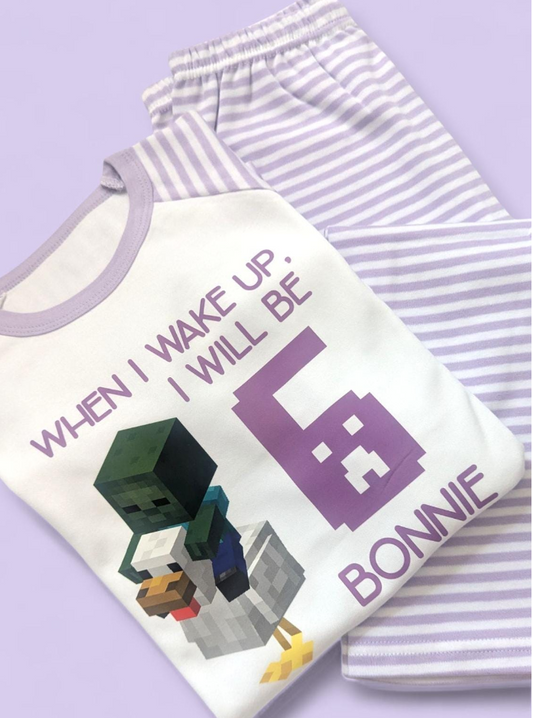 When I Wake Chicken Jockey Minecraft Birthday Age Personalised Purple Stripe Pyjamas