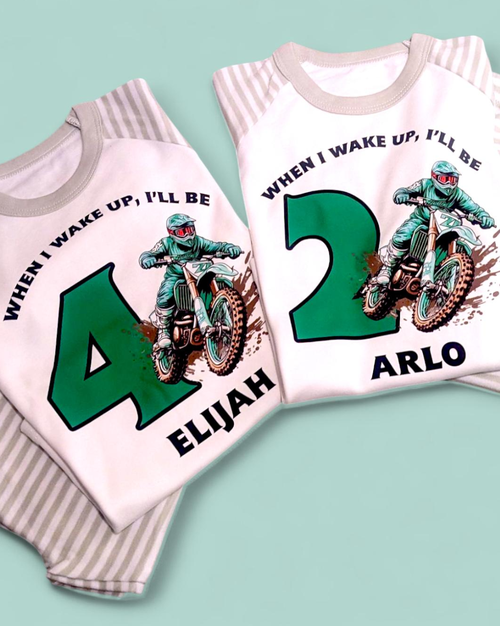 When I Wake Green Motocross Birthday Pjs Personalised Sage Stripe Pyjamas
