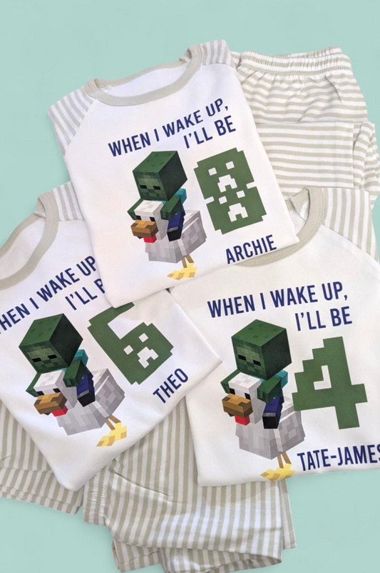 When I Wake Up Chicken Jockey Minecraft Birthday Personalised Sage Stripe Pyjamas