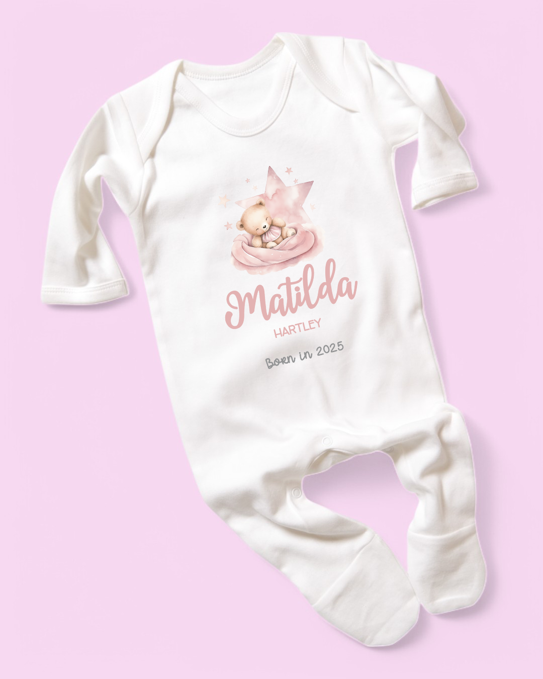 Sleepy Bear Born In Pink Personalised Rompersuit