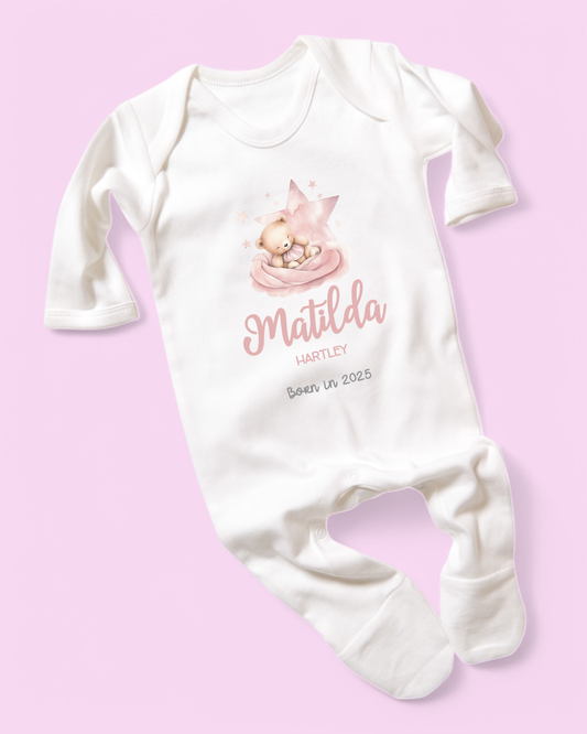 Sleepy Bear Born In Pink Personalised Rompersuit