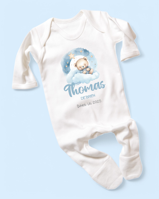 Sleepy Bear Blue Born In Personalised Rompersuit