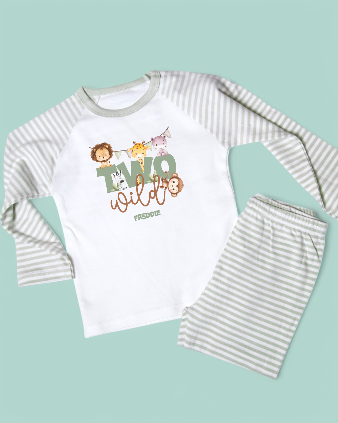 Two Wild Birthday Safari Personalised Sage Stripe Pyjamas