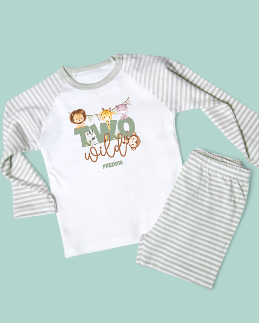 Two Wild Birthday Safari Personalised Sage Stripe Pyjamas