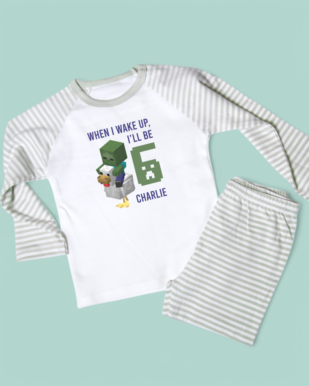 Chicken Jockey Birthday Personalised Sage Stripe Pyjamas