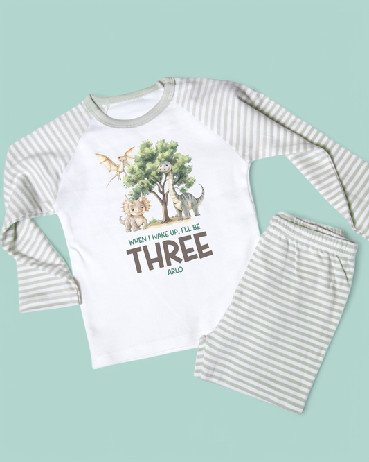 When I wake Dinosaurs Birthday Personalised Sage Stripe Pyjamas
