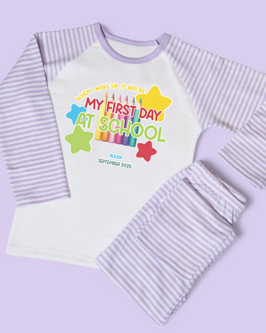 When I wake Up First Day of School Personalised Stripe Pyjamas