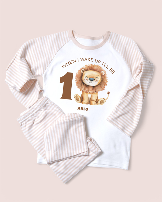 When I Wake Up Lion Age Birthday Personalised Natural Stripe Pyjamas