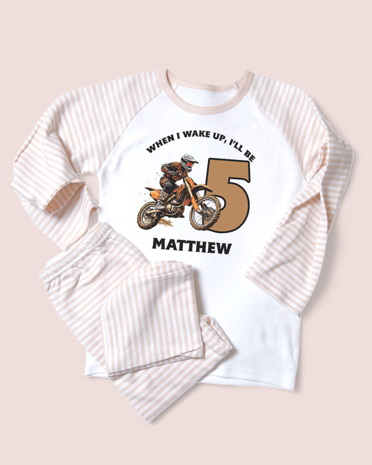 When I Wake Up Orange Motocross Age Birthday Personalised Natural Stripe Pyjamas