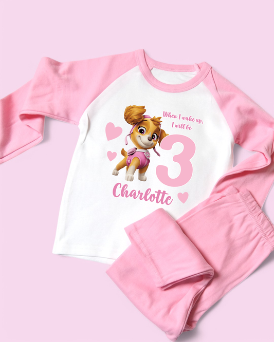 When I Wake Up Paw Patrol Skye Birthday Personalised Pink Pyjamas