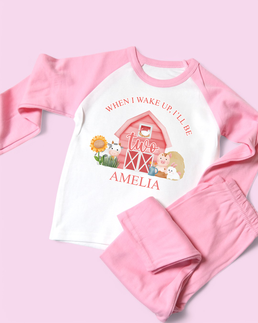 When I Wake Pink Farm Birthday Personalised Pink Pyjamas