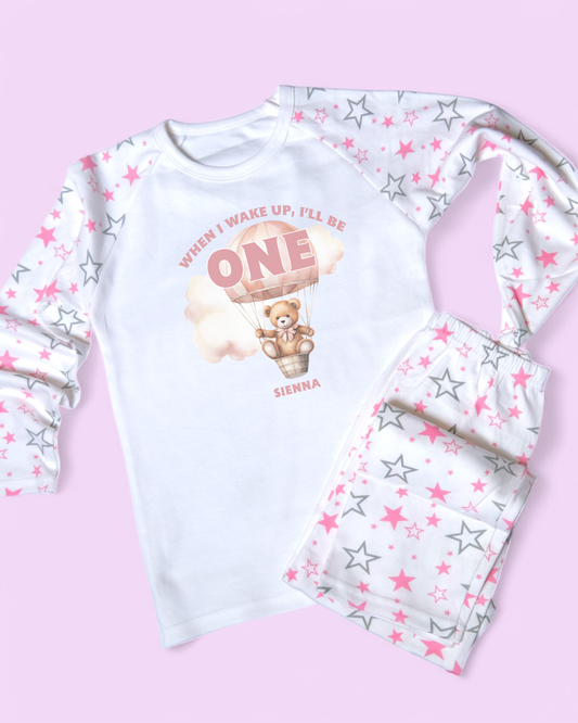 When I Wake Pink Hot Air Balloon Birthday Personalised Pink Pyjamas