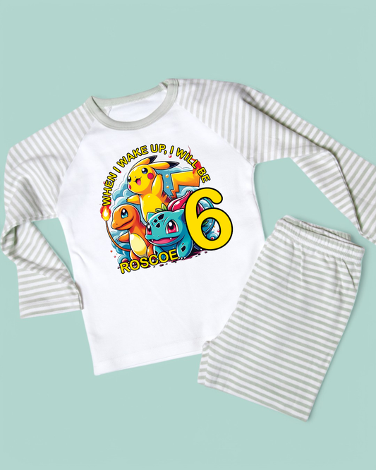 When I Wake Pokemon Birthday Pjs Personalised Sage Stripe Pyjamas
