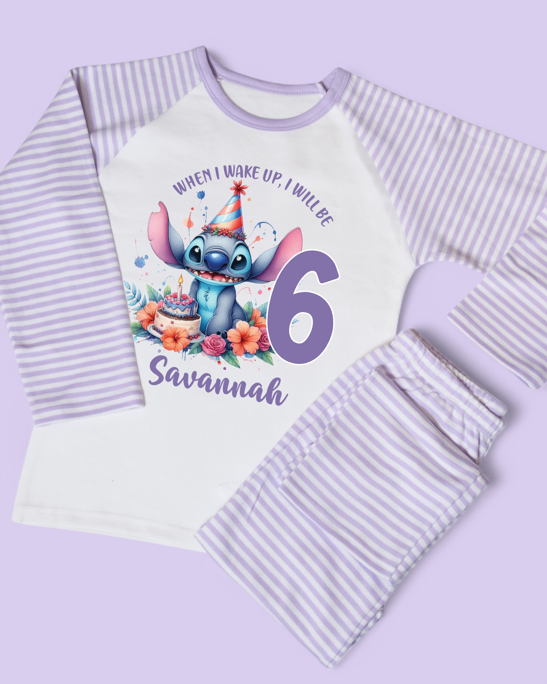 When I Wake Up Stitch Birthday Age Personalised Purple Stripe Pyjamas