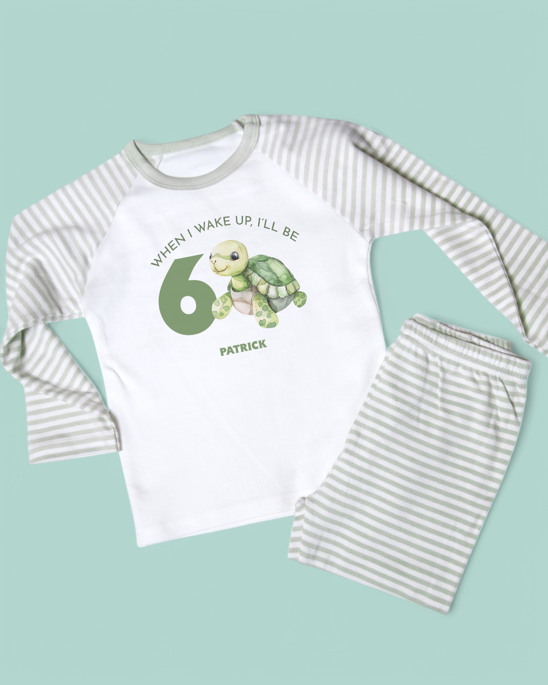 When I Wake Up Turtle Age Birthday Personalised Sage Stripe Pyjamas