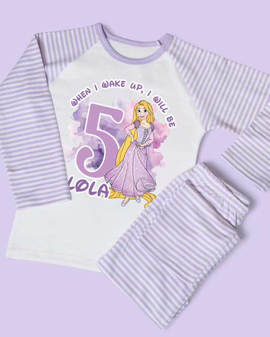 When I Wake Up Rapunzel Birthday Age Personalised Purple Stripe Pyjamas, Tangled Birthday PJs