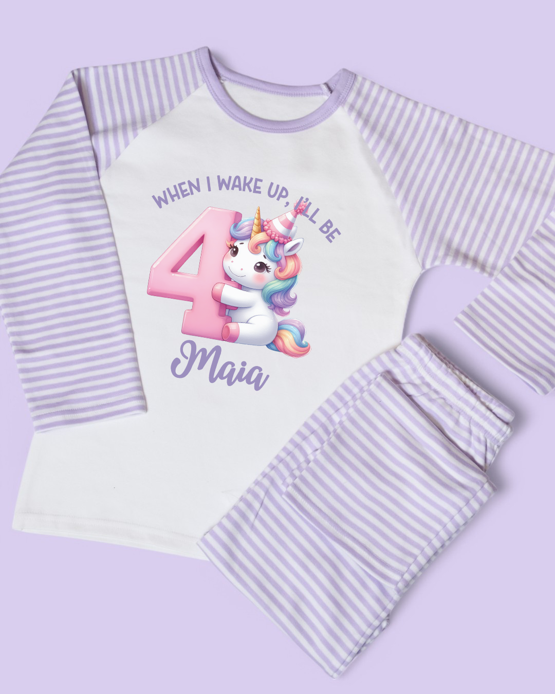 When I Wake Up Unicorn Birthday Age Personalised Purple Stripe Pyjamas