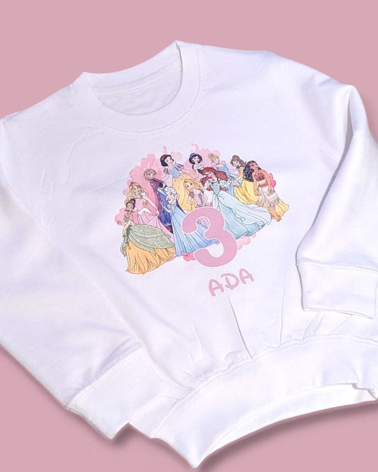 Princesses Birthday Jumper, Princesses Personalised Pastel Birthday Sweatshirt