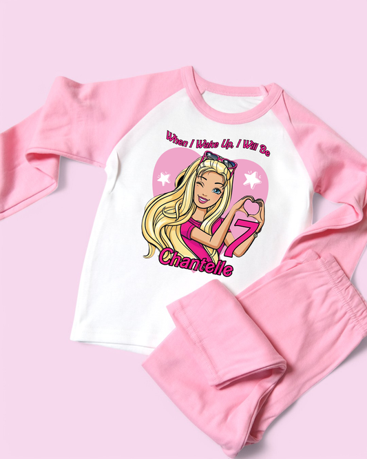 When I Wake Up Barbie Birthday Personalised Pink Pyjamas