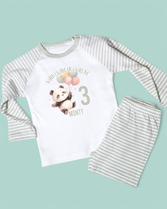 When I Wake Panda Personalised Sage Stripe Pyjamas