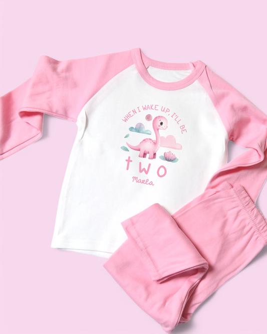 When I Wake Pink Dino Birthday Personalised Pink Pyjamas