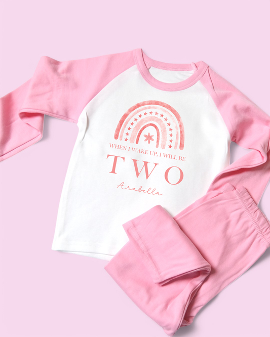 When I Wake Up Pink Rainbow Birthday Personalised Pink Pyjamas