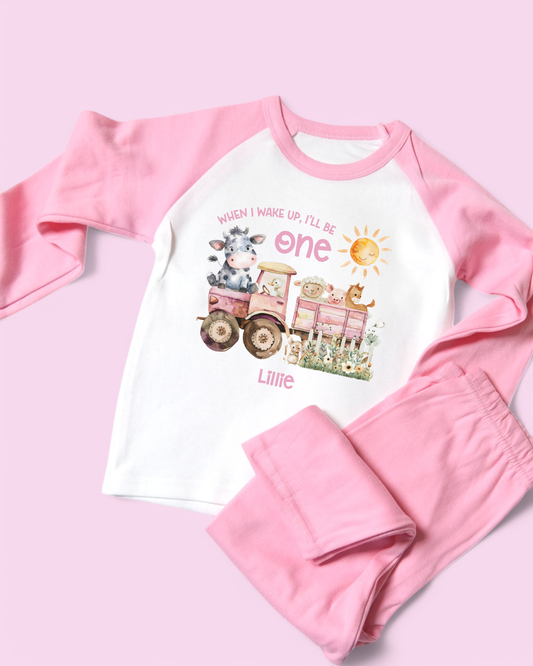 When I Wake Up Pink Farm Scene Printed Personalised Plain PJS
