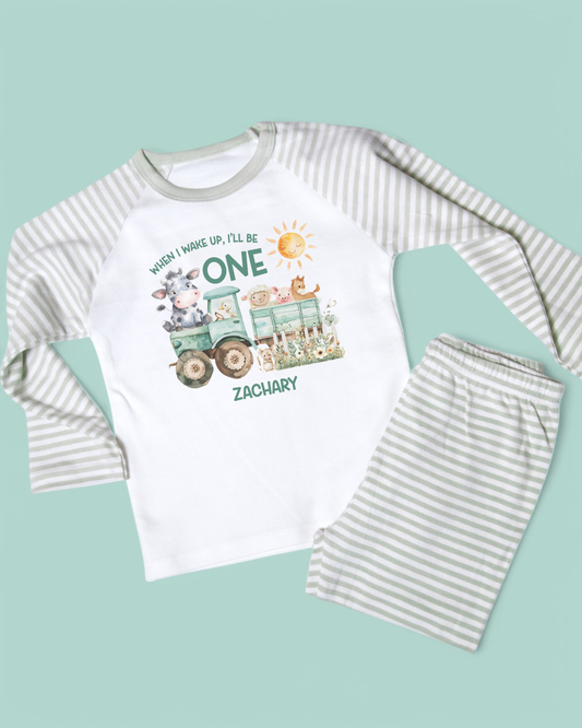When I Wake Farm Life Birthday Personalised Sage Stripe Pyjamas