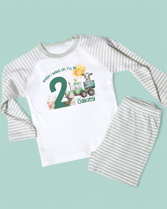 When I Wake Farm Scene Birthday Personalised Sage Stripe Pyjamas