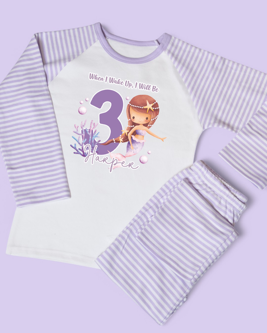 When I Wake Mermaid Bubbles Birthday Age Personalised Purple Stripe Pyjamas
