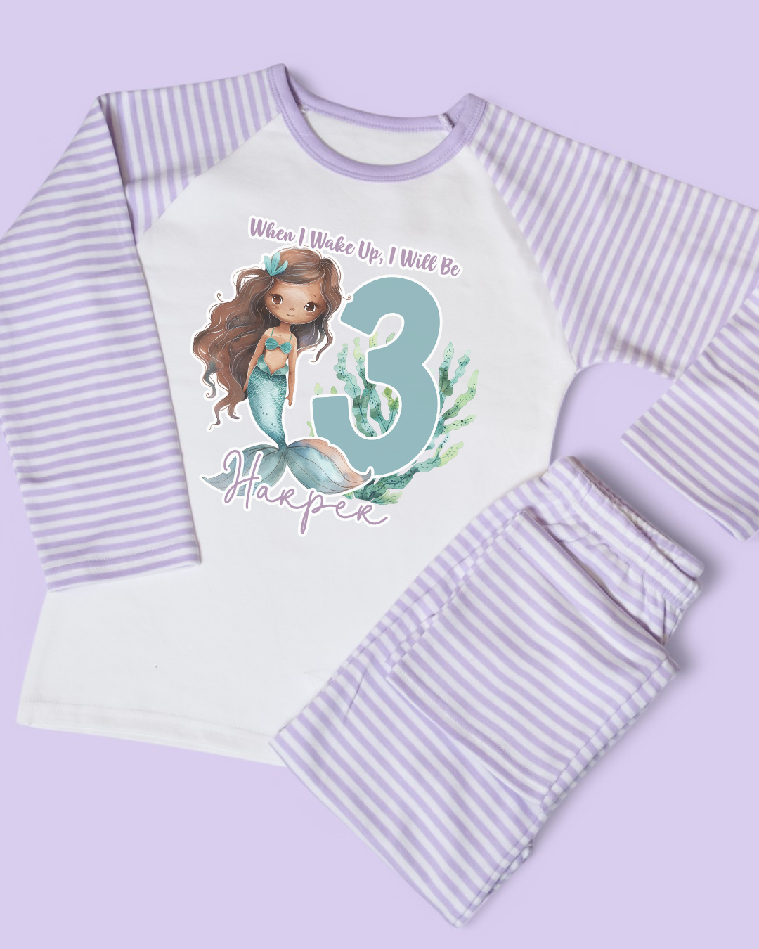 When I Wake Mermaid Birthday Age Personalised Purple Stripe Pyjamas