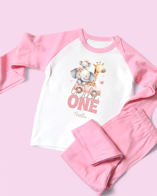 Wild One Safari Animals Pink Birthday Personalised Pink Pyjamas