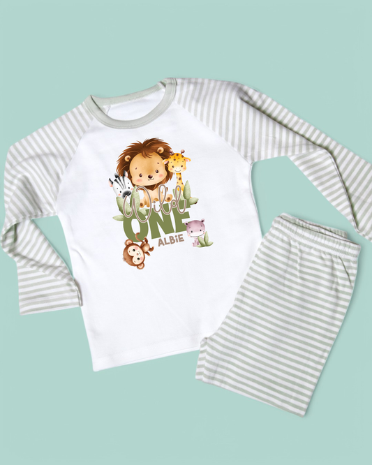 Wild One Safari Birthday Safari Personalised Sage Stripe Pyjamas