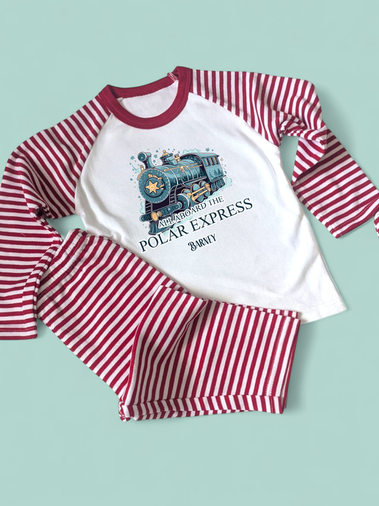 All Aboard Polar Express Personalised Christmas Family Matching Red Stripe PJs