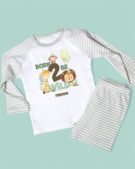 Born 2 Be Wild Birthday Safari Personalised Sage Stripe Pyjamas