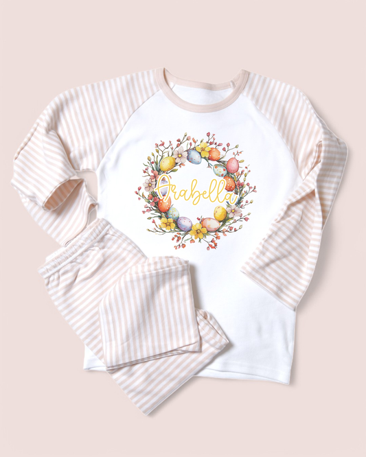 Easter Wreath Personalised Natural Stripe Pyjamas